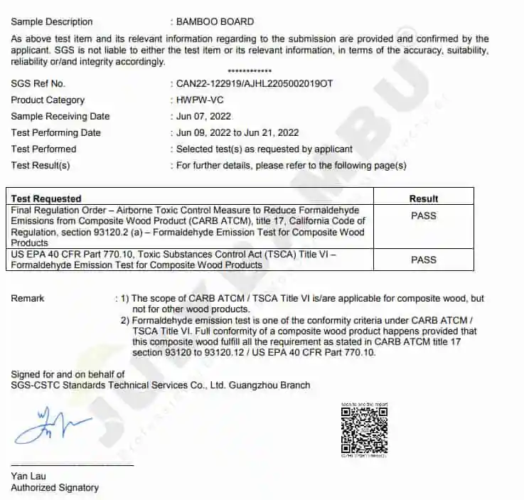 julybambu® formaldehyde emission report 2